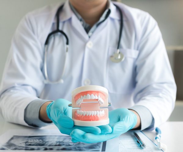 Dentist holding dentures in office room.